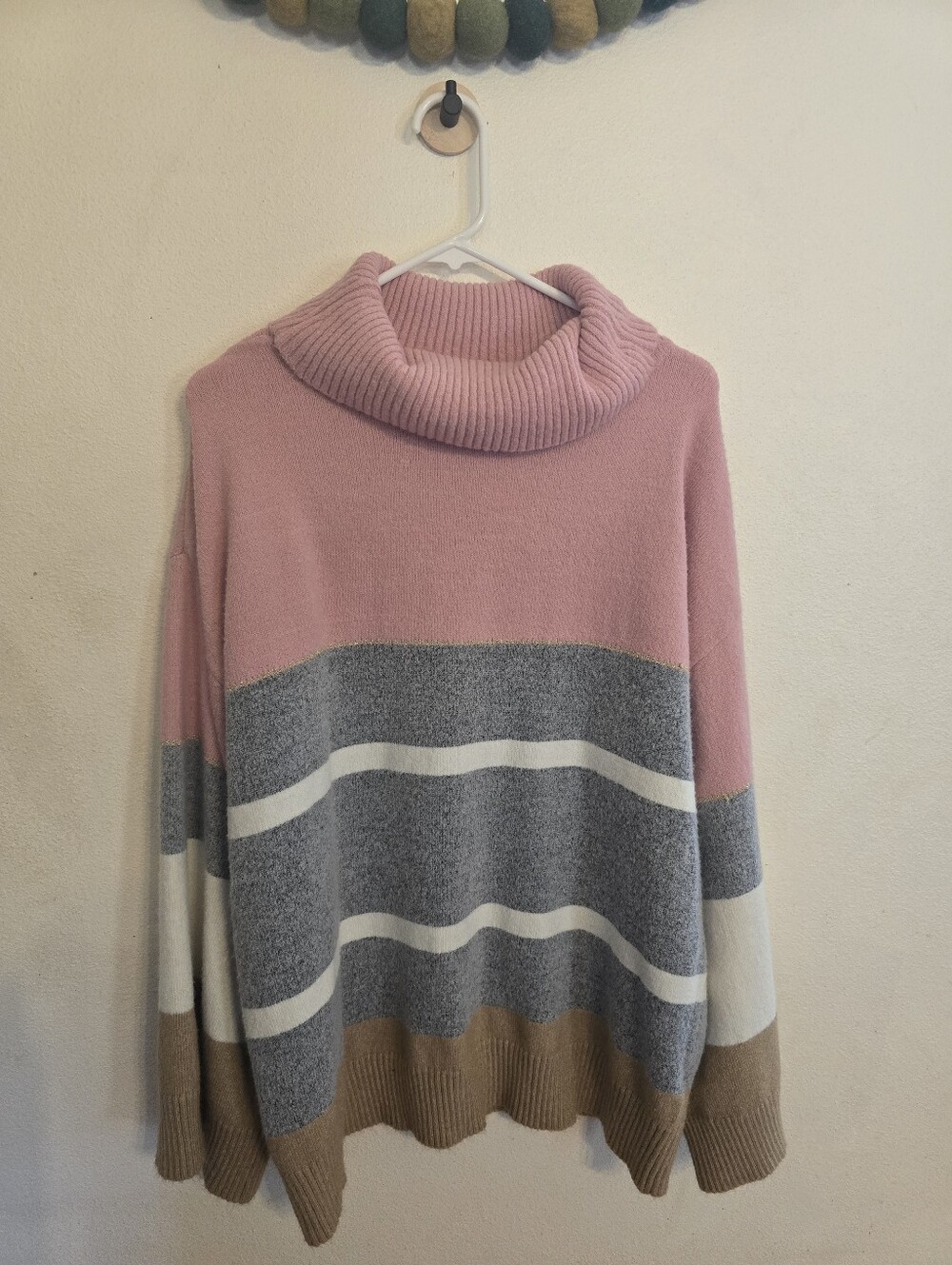 H HALSTON Womens L Stripe Cowl Neck Sweater Pink Tan White Gray Stripes